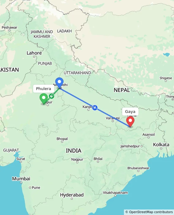 Route map showing distance and travel time from Phulera, India to Gaya, India