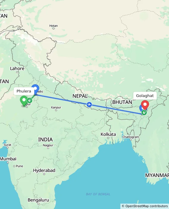 Route map showing distance and travel time from Phulera, India to Golaghat, India