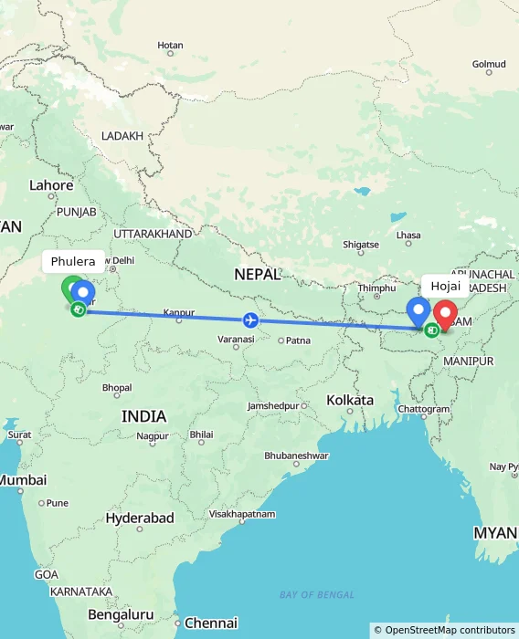 Route map showing distance and travel time from Phulera, India to Hojai, India