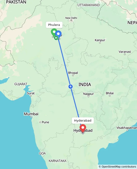 Route map showing distance and travel time from Phulera, India to Hyderabad, India
