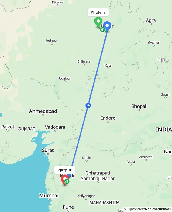 Route map showing distance and travel time from Phulera, India to Igatpuri, India