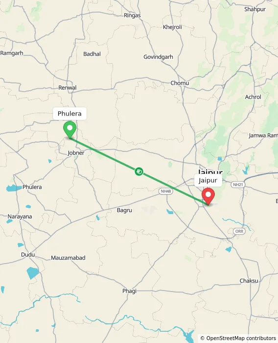 Route map showing distance and travel time from Phulera, India to Jaipur, India