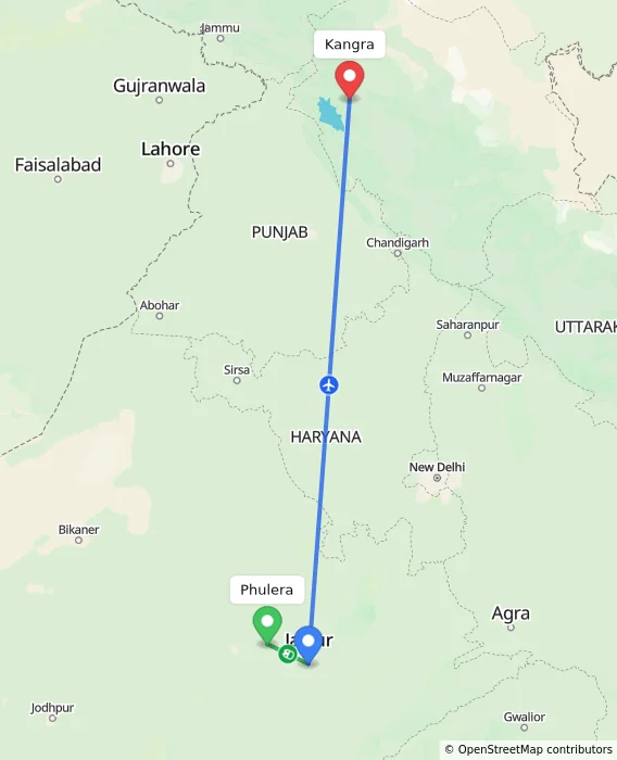Route map showing distance and travel time from Phulera, India to Kangra, India