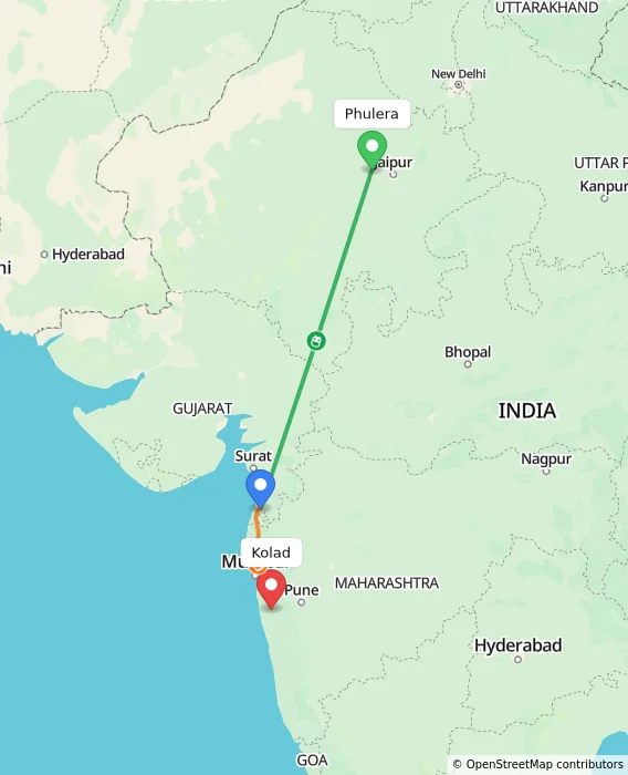 Route map showing distance and travel time from Phulera, India to Kolad, India