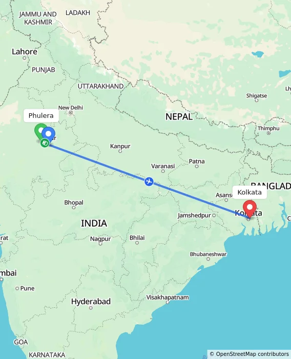 Route map showing distance and travel time from Phulera, India to Kolkata, India