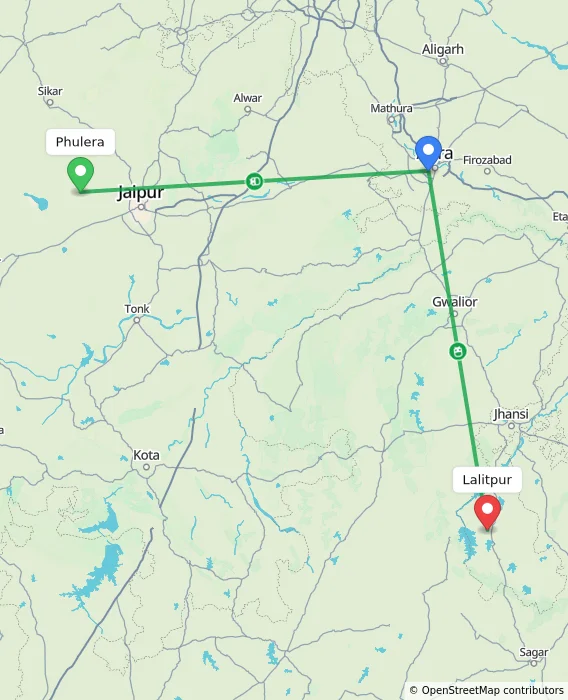 Route map showing distance and travel time from Phulera, India to Lalitpur, India