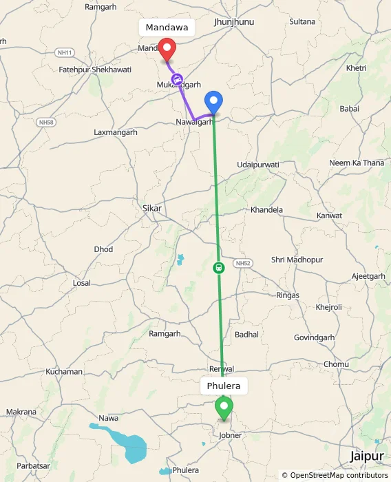 Route map showing distance and travel time from Phulera, India to Mandawa, India