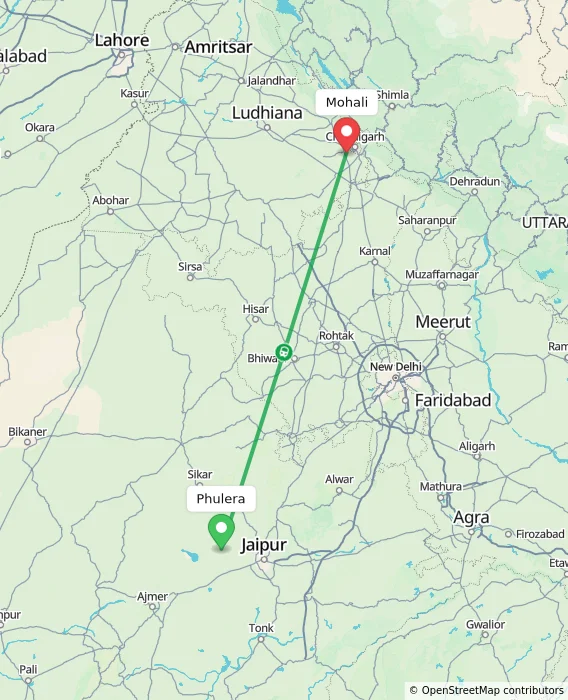 Route map showing distance and travel time from Phulera, India to Mohali, India