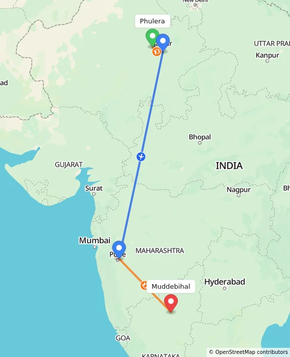 Route map showing distance and travel time from Phulera, India to Muddebihal, India