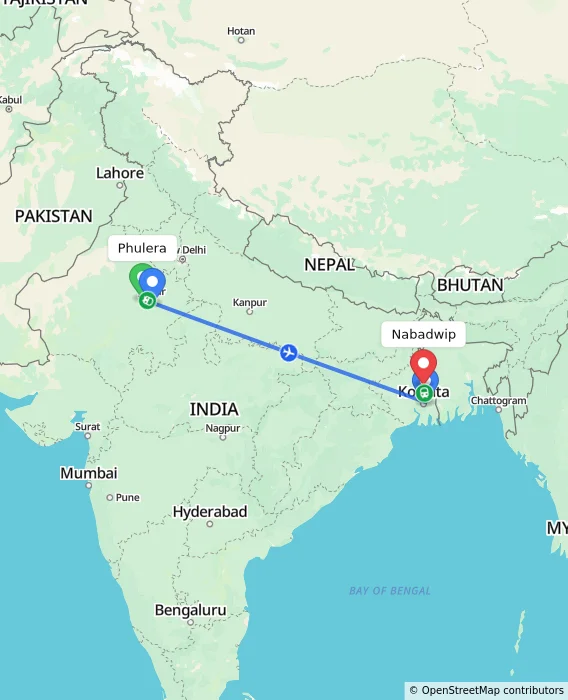 Route map showing distance and travel time from Phulera, India to Nabadwip, India