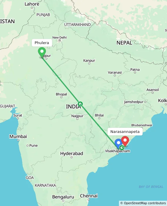 Route map showing distance and travel time from Phulera, India to Narasannapeta, India