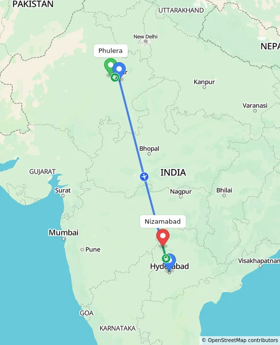 Route map showing distance and travel time from Phulera, India to Nizamabad, India