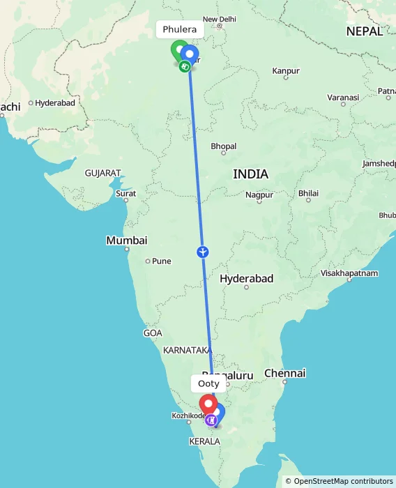 Route map showing distance and travel time from Phulera, India to Ooty, India