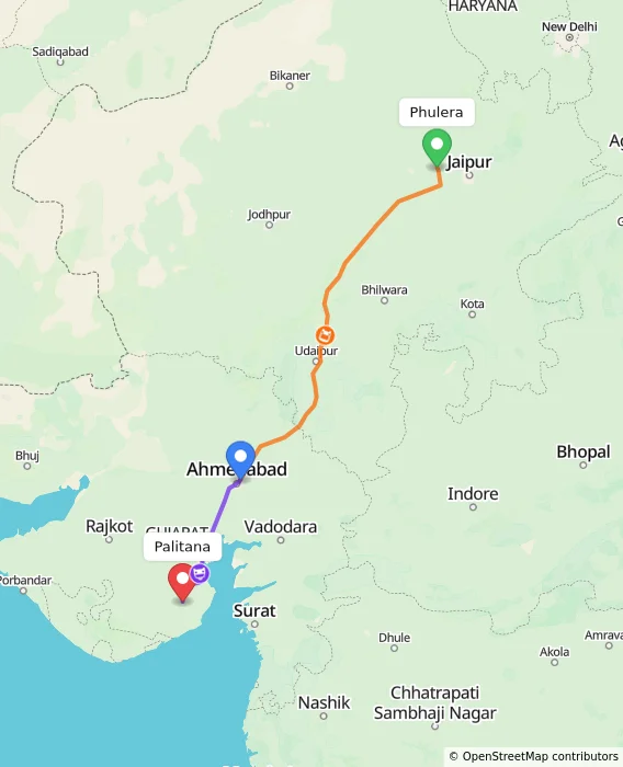 Route map showing distance and travel time from Phulera, India to Palitana, India