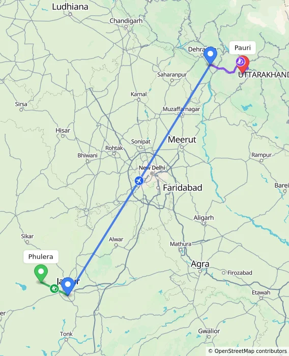 Route map showing distance and travel time from Phulera, India to Pauri, India