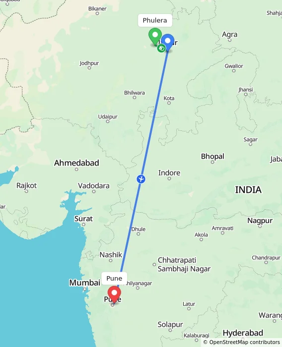 Route map showing distance and travel time from Phulera, India to Pune, India