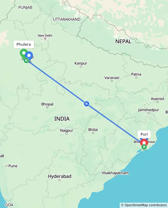 Route map showing distance and travel time from Phulera, India to Puri, India
