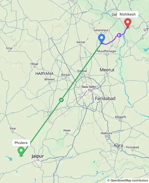 Route map showing distance and travel time from Phulera, India to Rishikesh, India