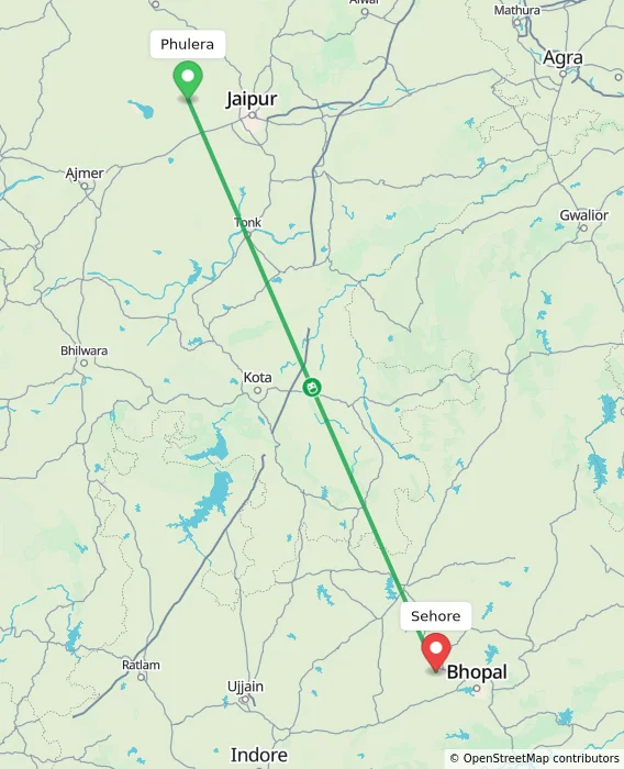 Route map showing distance and travel time from Phulera, India to Sehore, India