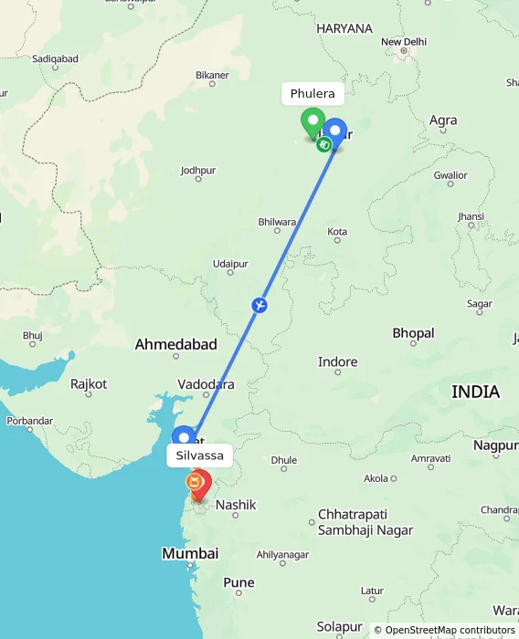 Route map showing distance and travel time from Phulera, India to Silvassa, India