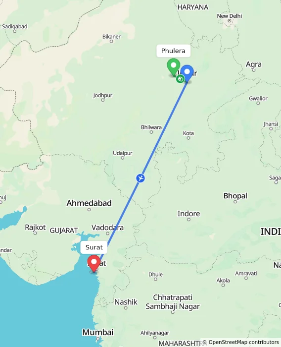Route map showing distance and travel time from Phulera, India to Surat, India