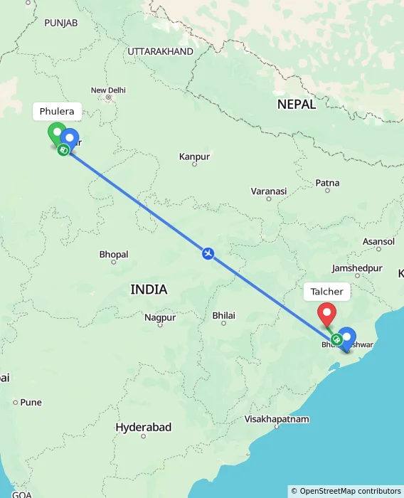 Route map showing distance and travel time from Phulera, India to Talcher, India