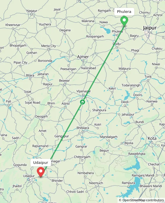 Route map showing distance and travel time from Phulera, India to Udaipur, India