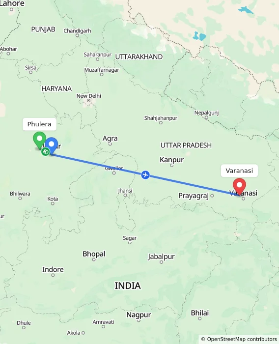 Route map showing distance and travel time from Phulera, India to Varanasi, India