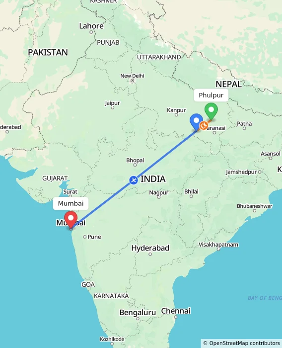 Route map showing distance and travel time from Phulpur, India to Mumbai, India