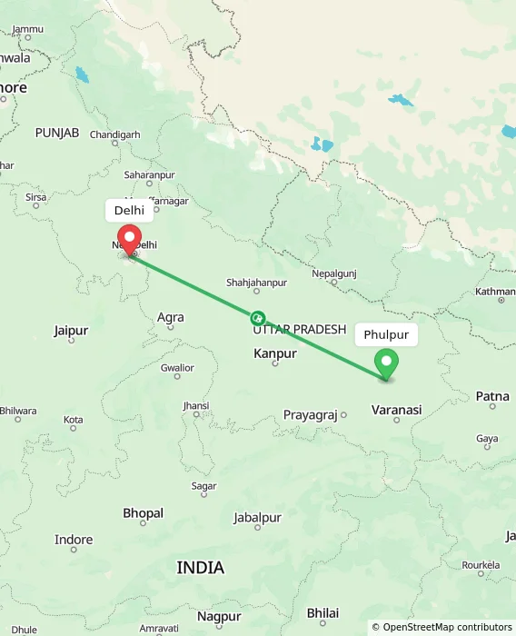 Route map showing distance and travel time from Phulpur, India to Delhi, India