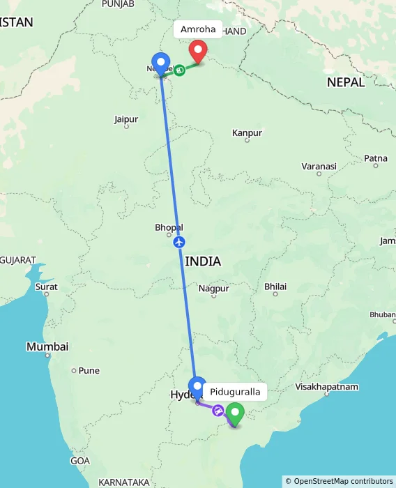 Route map showing distance and travel time from Piduguralla, India to Amroha, India