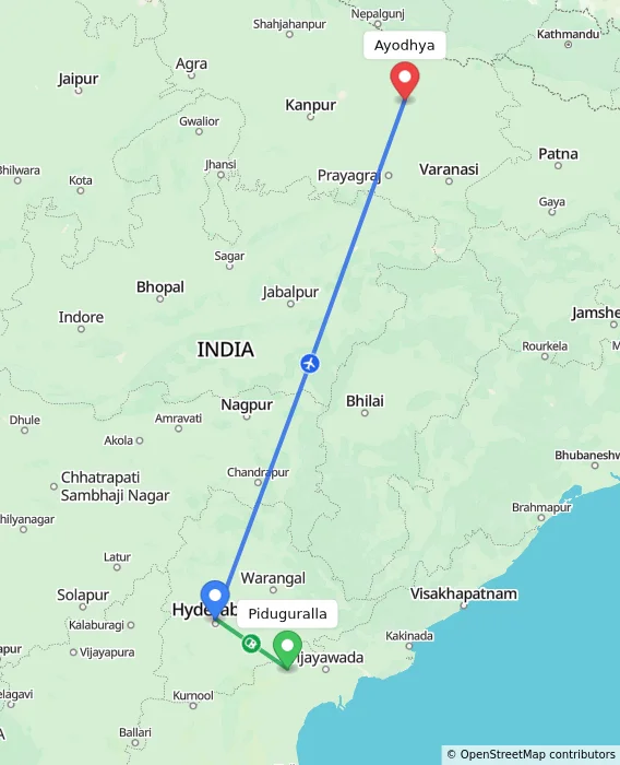 Route map showing distance and travel time from Piduguralla, India to Ayodhya, India