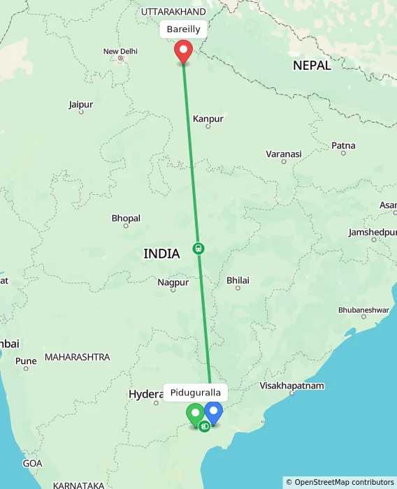 Route map showing distance and travel time from Piduguralla, India to Bareilly, India