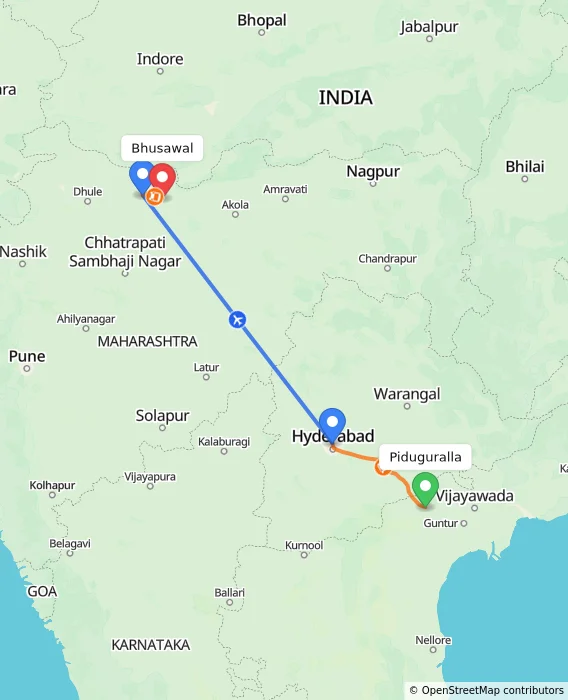 Route map showing distance and travel time from Piduguralla, India to Bhusawal, India