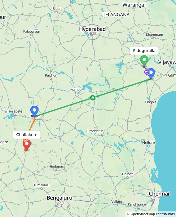 Route map showing distance and travel time from Piduguralla, India to Challakere, India