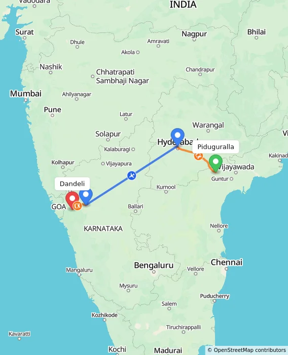 Route map showing distance and travel time from Piduguralla, India to Dandeli, India