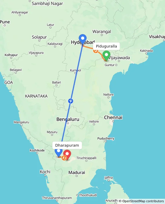 Route map showing distance and travel time from Piduguralla, India to Dharapuram, India