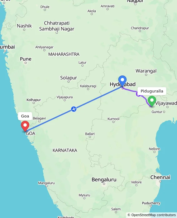 Route map showing distance and travel time from Piduguralla, India to Goa, India