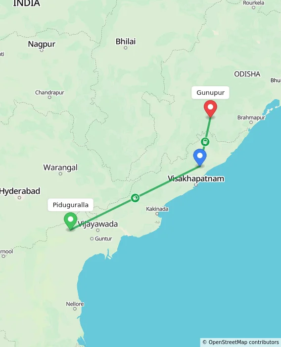 Route map showing distance and travel time from Piduguralla, India to Gunupur, India