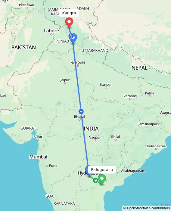 Route map showing distance and travel time from Piduguralla, India to Kangra, India