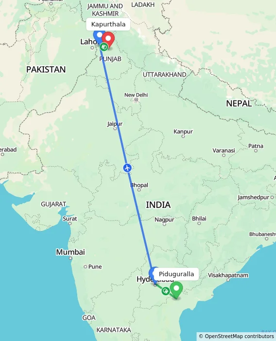 Route map showing distance and travel time from Piduguralla, India to Kapurthala, India