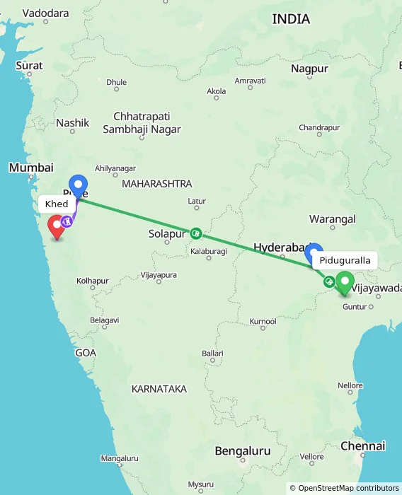 Route map showing distance and travel time from Piduguralla, India to Khed, India