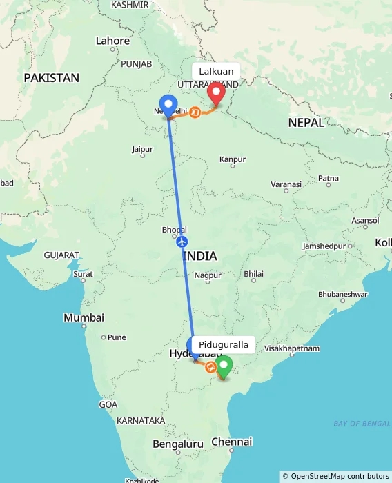 Route map showing distance and travel time from Piduguralla, India to Lalkuan, India