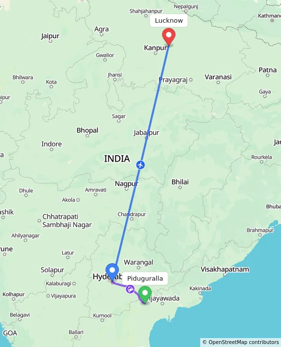 Route map showing distance and travel time from Piduguralla, India to Lucknow, India