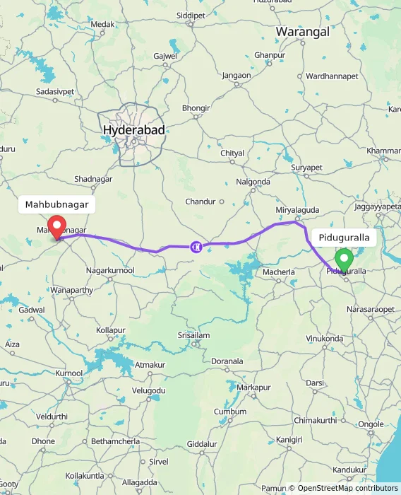 Route map showing distance and travel time from Piduguralla, India to Mahbubnagar, India