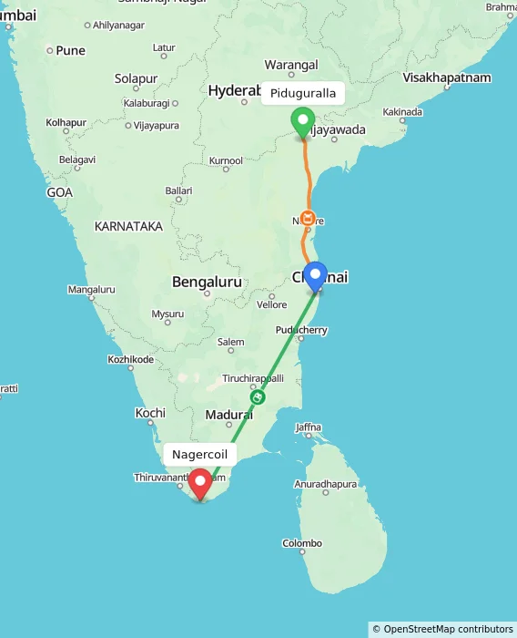 Route map showing distance and travel time from Piduguralla, India to Nagercoil, India