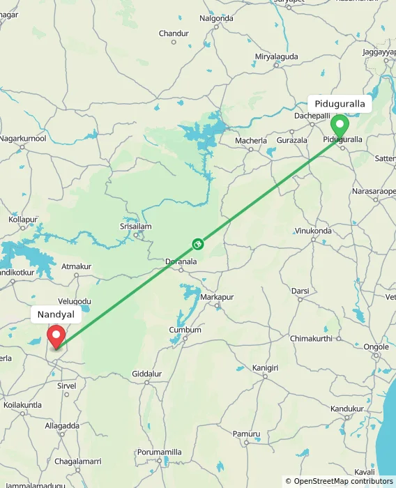 Route map showing distance and travel time from Piduguralla, India to Nandyal, India