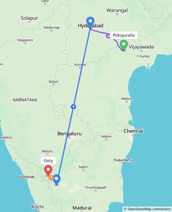 Route map showing distance and travel time from Piduguralla, India to Ooty, India