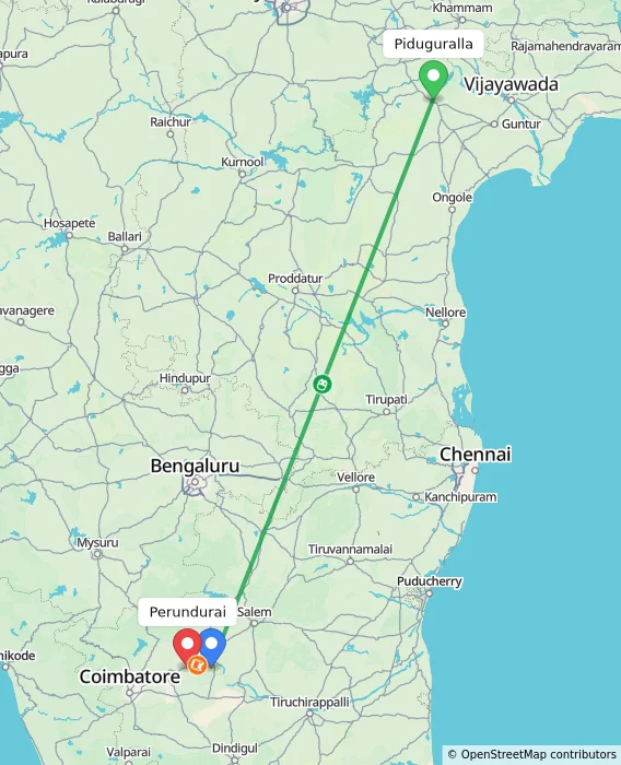 Route map showing distance and travel time from Piduguralla, India to Perundurai, India