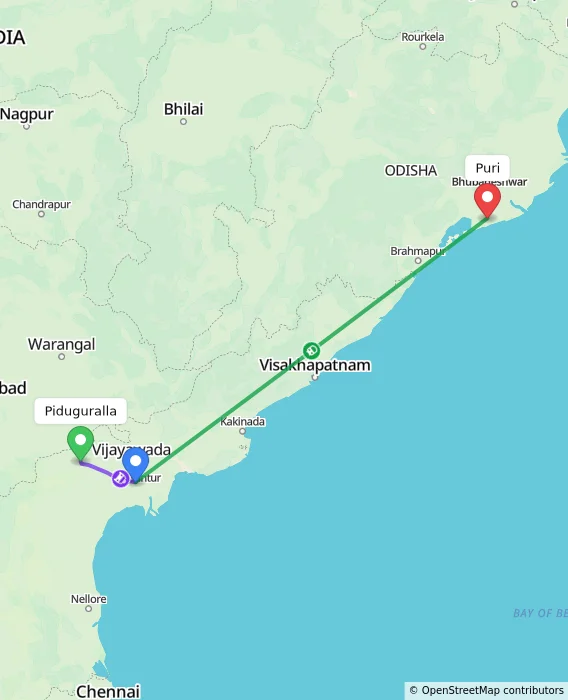 Route map showing distance and travel time from Piduguralla, India to Puri, India